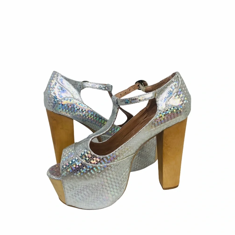 Y2K Jeffrey Campbell Platform Foxy Wood Holographic Heels